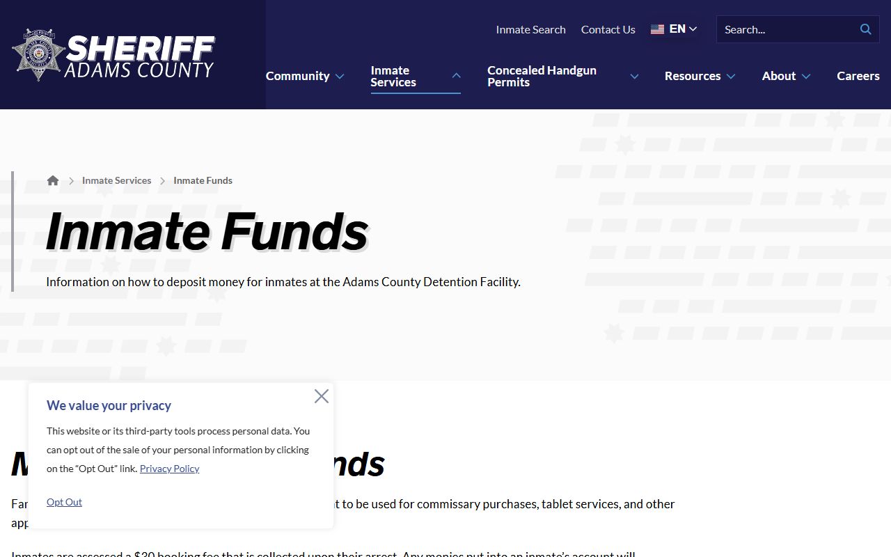 Adams County Sheriff inmate funds information page