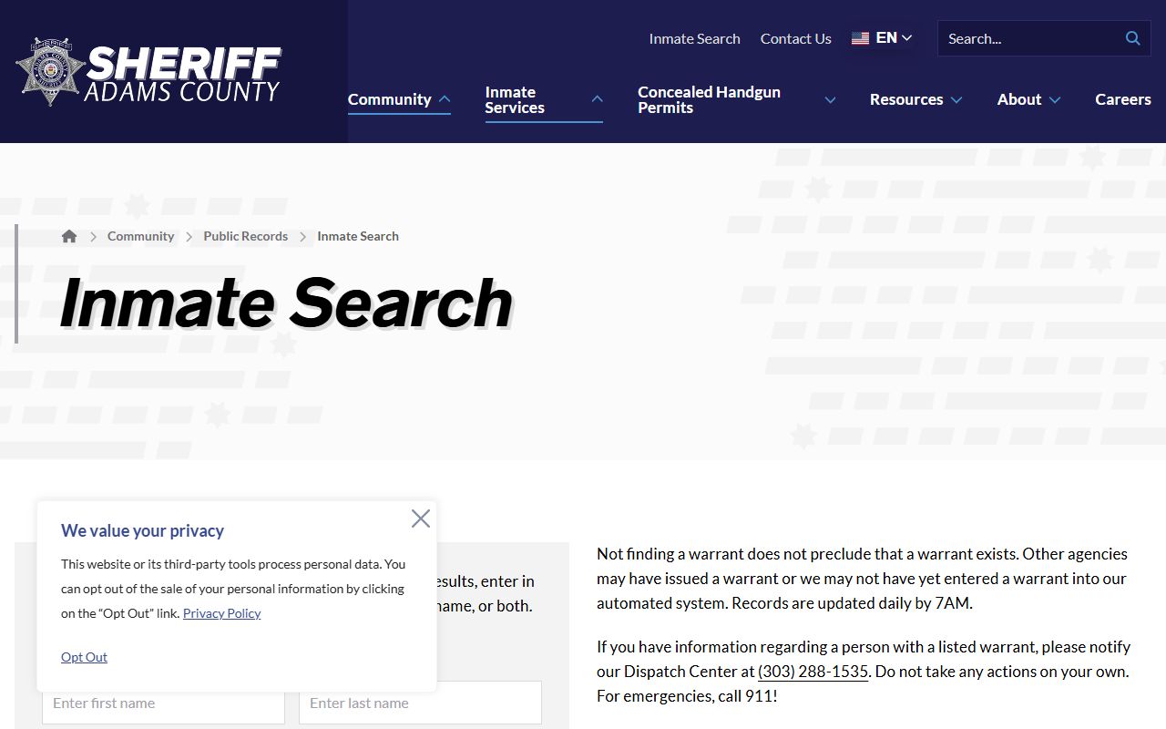 Adams County Sheriff inmate search form for first name and last name lookup