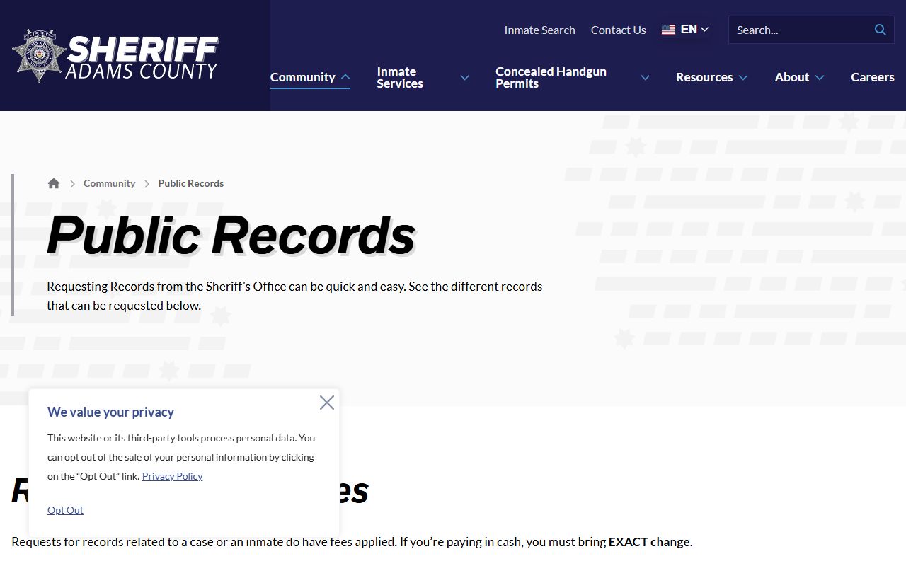 Adams County public records page for inmate records requests