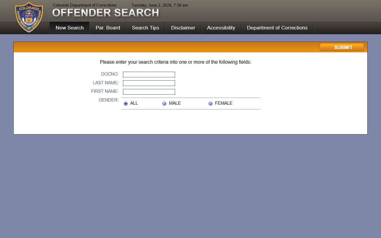Colorado Department of Corrections offender search form with DOC number and name fields