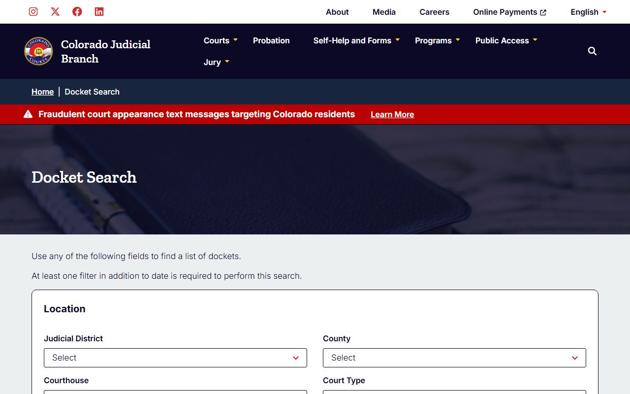 Colorado Judicial Branch docket search page with county and court filters for Adams County court records after arrest